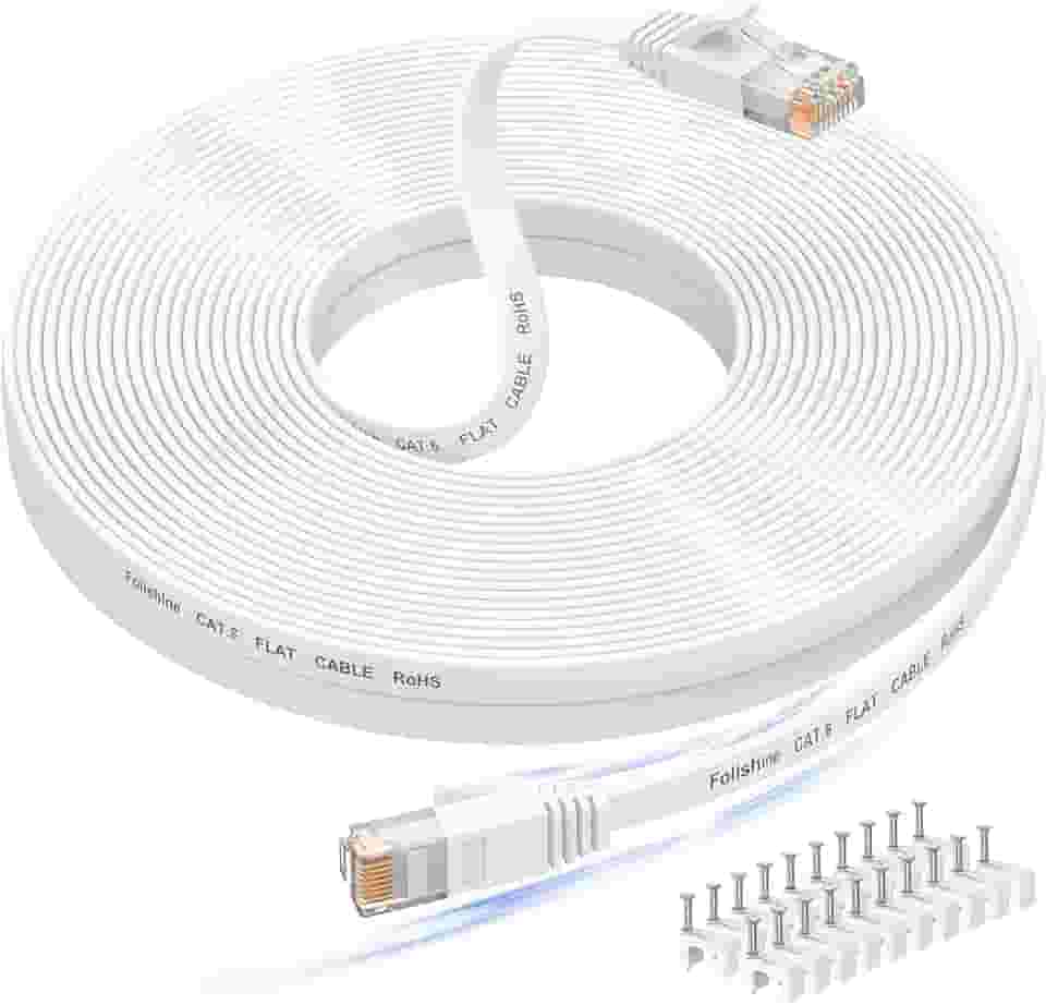 Folishine Cabo Ethernet de 15 metros, Cat 6e/Cat 6, alta velocidade, cabo LAN branco plano blindado para switch de rede Ethernet, PS4 e modem