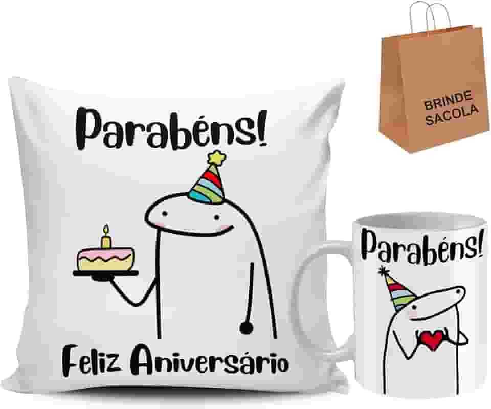 Kit Caneca e Almofada Flork Meme Aniversario