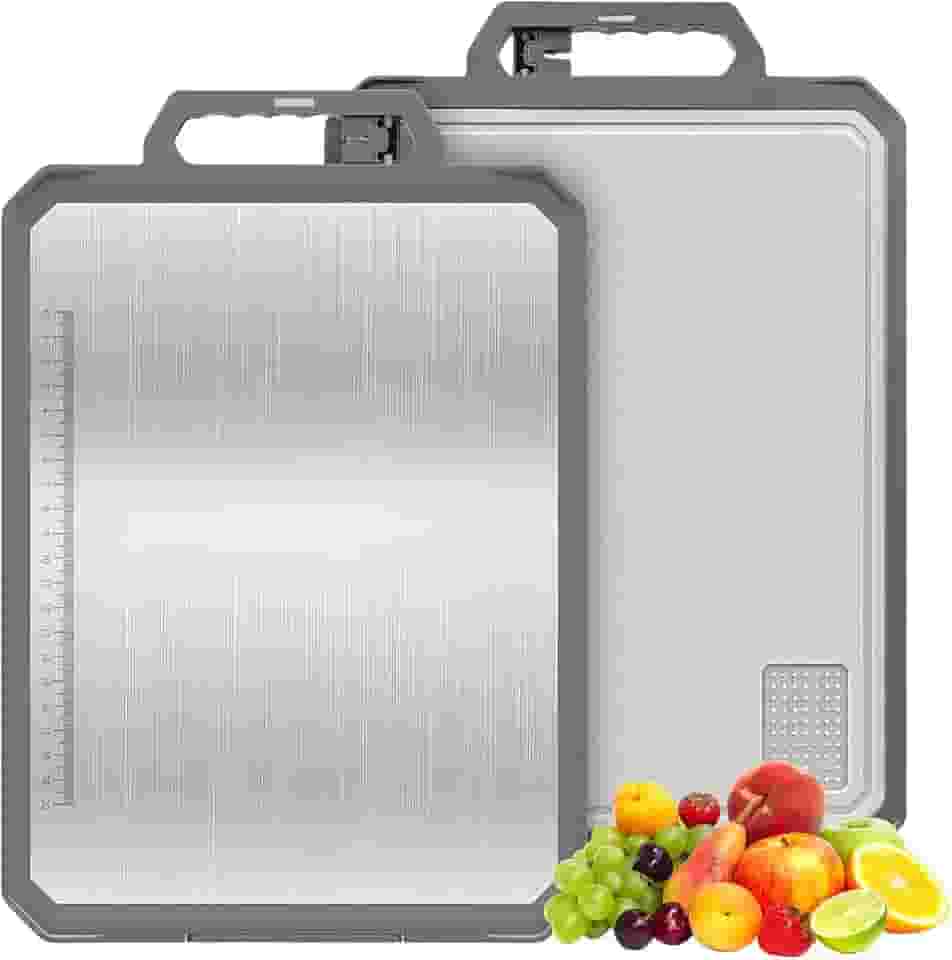 Tabua de Corte Inox, Tabua de Carne Dupla Face para Cozinha, Aço Inoxidável/Palha de Trigo pp, Grande Tábua de Corte Picar 43.7*30cm Tabua de Cozinha Antibacteriana Lavável na Máquina de Lavar Louça