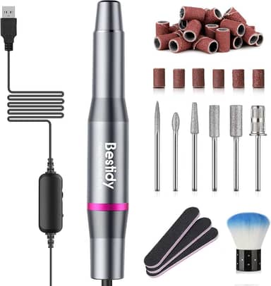 Bestidy Melhor Kit de Broca de Unhas Elétrica para Presente, Polidor de Lixadeira de Caneta de Manicure Usb com 6 Peças de Brocas Mutáveis e Faixas de Areia para Esfoliação, Polimento, Remoção de Unhas, Ferramentas de Unhas Acrílicas (B-Preto)