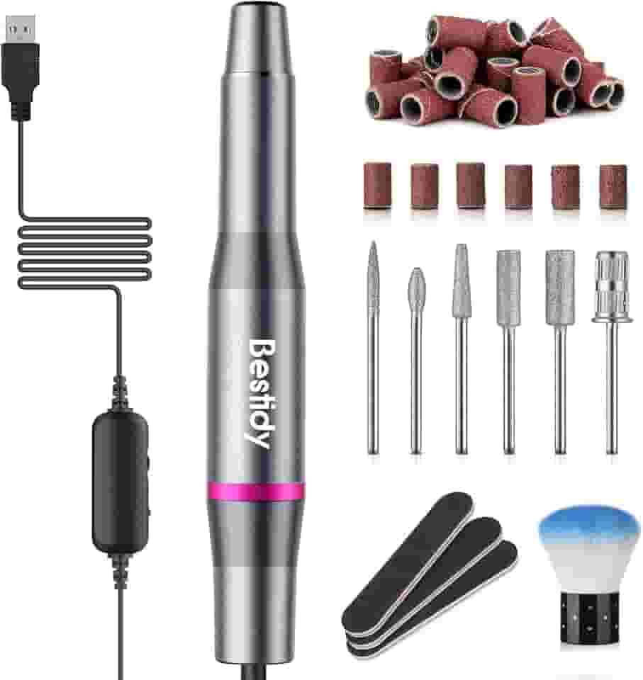 Bestidy Melhor Kit de Broca de Unhas Elétrica para Presente, Polidor de Lixadeira de Caneta de Manicure Usb com 6 Peças de Brocas Mutáveis e Faixas de Areia para Esfoliação, Polimento, Remoção de Unhas, Ferramentas de Unhas Acrílicas (B-Preto)