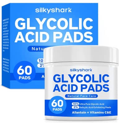 SilkyShark Almofadas De Resurfacing De Ácido Glicólico (60 Unidades), 10% De Ácido Glicólico Ultrapuro + 2% De Ácido Salicílico, Almofadas De Peeling Esfoliantes Para O Rosto, Peeling Químico Eficaz