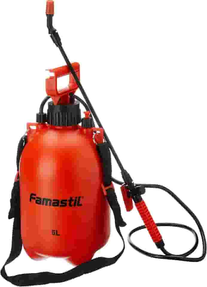 Famastil Pulverizador de Compressão Prévia Famastil – 5 litros – Jato regulável – Cabo com Gatilho – Jardins e Hortas – Laranja