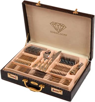 Faqueiro de Aço Inox Dourado, Faqueiro 84 Peças, Design Alemão, Banhado a Ouro 24K, com Maleta Exclusiva de Couro, Kit Completo de Talheres para Jantar e Grandes Recepções