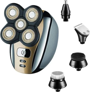 Aparador de barbeador elétrico para homens carecas Kit de cuidados 5 em 1 Barbeadores rotativos a seco molhado Aparador de barba para nariz, Escova de limpeza facial, sem fio, à prova d'água, carregamento USB recarregável