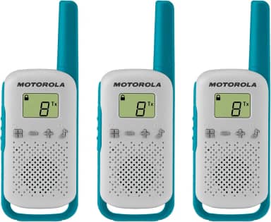 Motorola Solutions, FRS portátil, T114TP, Rádios bidirecionais, operado por bateria, 22 canais, 26 milhas, branco/azul, pacote com 3