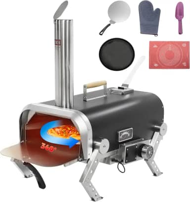 Forno de pizza ao ar livre de aço inoxidável, fogão a lenha com pedra de pizza rotativa automática de 30 cm, churrasqueira portátil para festas de quintal, acampamento e piqueniques (preto)