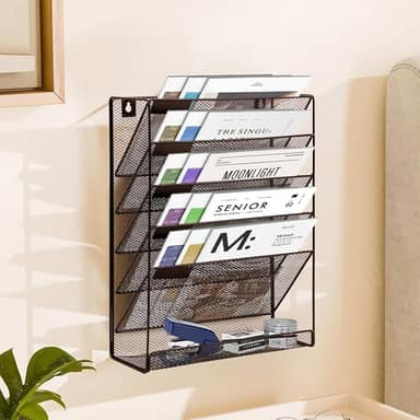 Organizador de Documentos, Organizador de Arquivos Suspenso de 6 Camadas, Suporte de Arquivo de Parede de Malha, Suporte de Pasta de Papel com Bandeja Plana Inferior para Escritório