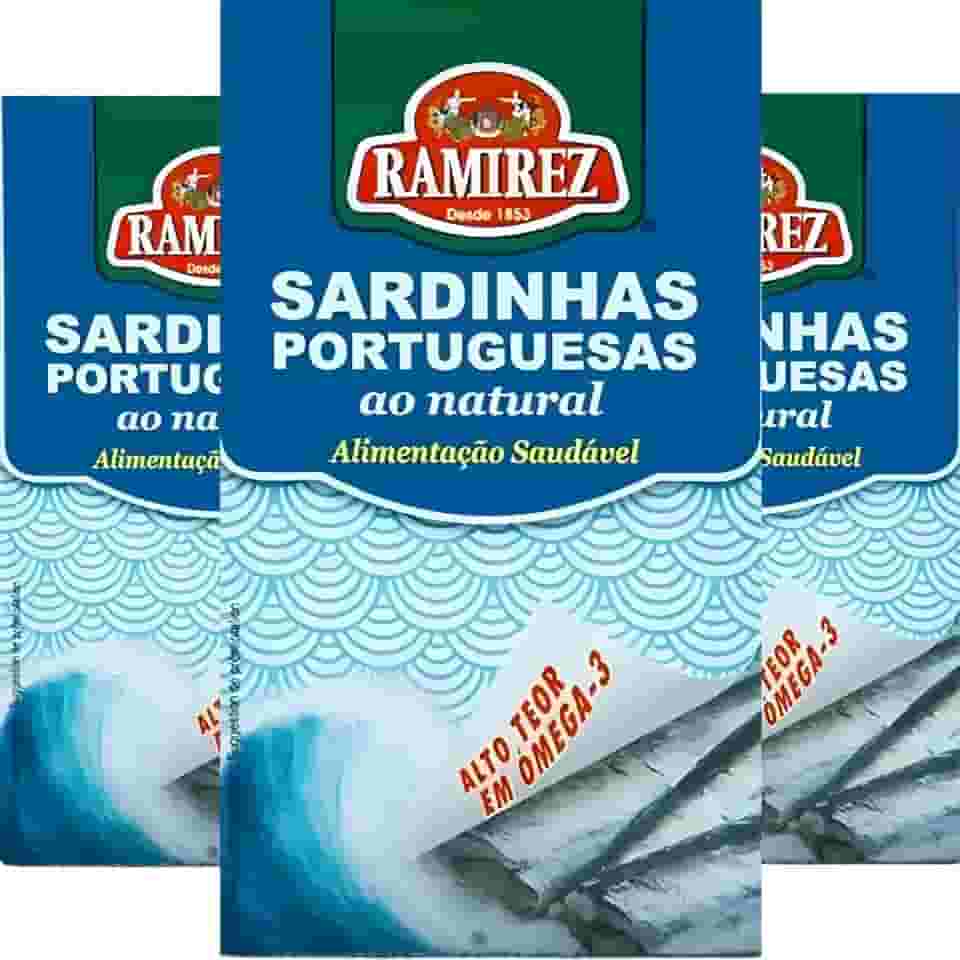 Sardinha em Lata Portuguesa RAMIREZ ao Natural em Água – Superalimento Rico em Ômega 3 e Proteína – Dieta Saudável – 125g cada (3 Unidades) – Tampa Abre Fácil - Lanche - Almoço - Café da Manhã