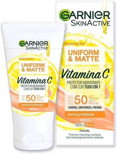 Garnier Uniform & Matte Protetor Solar Hidratante com Vitamina C, FPS 50, Efeito Matte Antioleosidade, Previne Manchas e Corrige o Tom da Pele, Tecnologia Camaleão, Cor Média, 40g