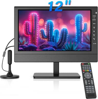 TV de tela plana portátil, TV de cozinha pequena de 12 polegadas com baterias-HDMI, USB, slot AV e antena, cabo de veículo de 12 volts, CA para trailer/acampamento