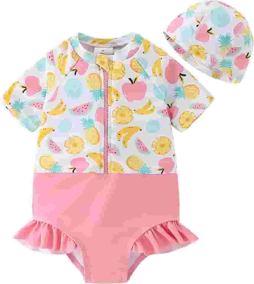 Maiô infantil para meninas com babado Rash Guard com zíper, manga curta, com chapéu, FPS 50+ 1-5T