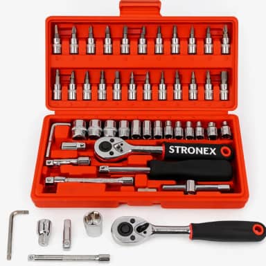 Kit de Ferramentas Profissional com 46 Peças, Maleta Vermelha Compacta, Soquetes, Bits, Chaves Allen, Catraca 1/4", 24x24x5cm