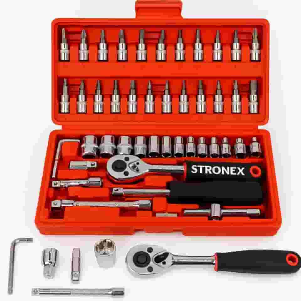 Kit de Ferramentas Profissional com 46 Peças, Maleta Vermelha Compacta, Soquetes, Bits, Chaves Allen, Catraca 1/4", 24x24x5cm