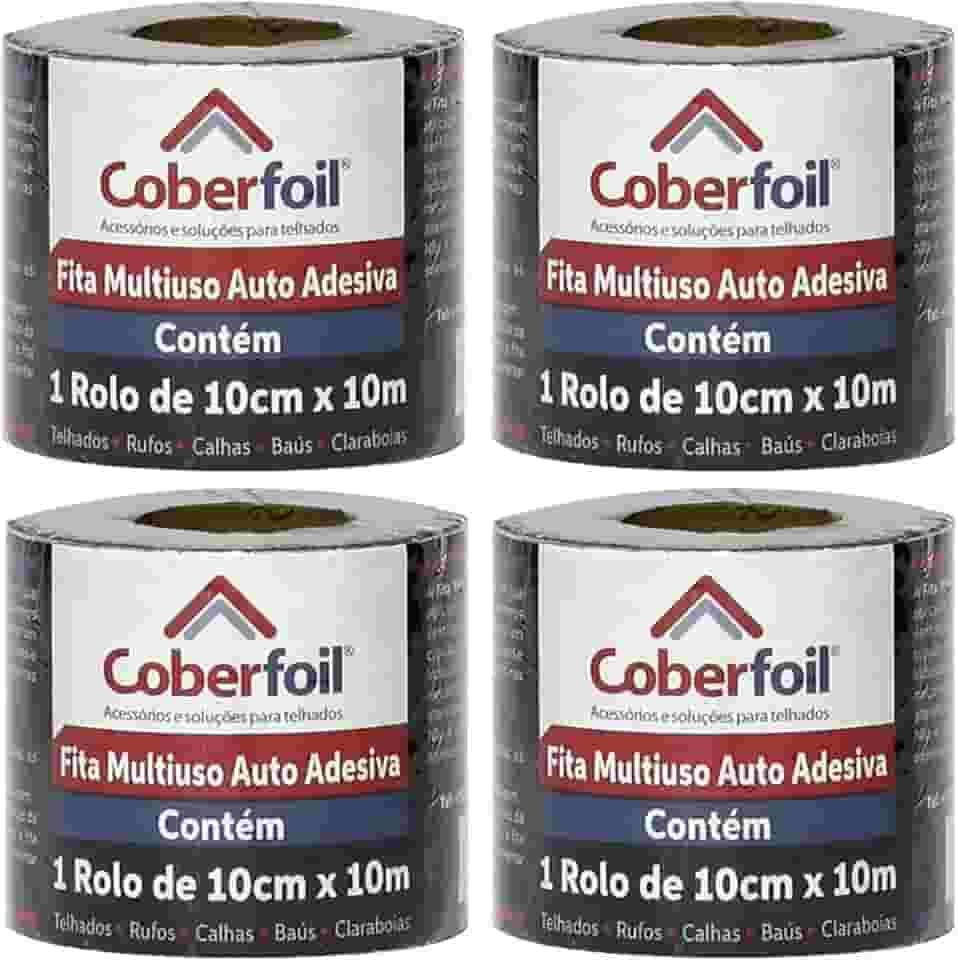 Kit 4 Manta Asfáltica Colante Multiuso Metalizada 10cmx10m Auto Vedação para Telhados Calhas Rufos Alta Resistência e Durabilidade Vazamentos Vedação Refletiva Aluminizada