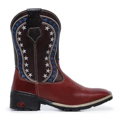 Bota Texana Country Masculina, Couro Marrom e Preto, Bordado Estrelas, Cano Longo