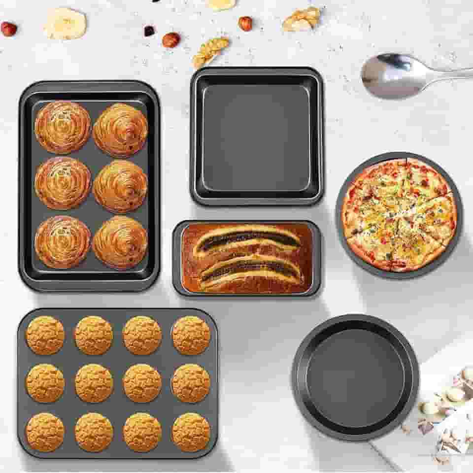 Conjunto de 6 peças assadeira antiaderente, Seguro assadeira retangular, Livre de BPA, empilhável, Lavável na máquina de lavar louça, Material de aço carbono, Resistente ao calor até 232°