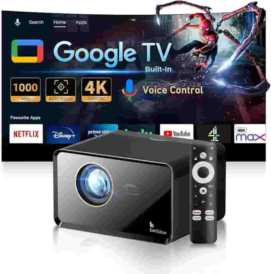 Bettdow Projetor 4k 1000 ANSI Full Hd 1080p, Sistema Google Tvintegrado, Netflix oficialmente licenciado, Retroprojetor Portatil WiFi 6 BT 5.0 AC1080 Bivolt Foco Automatico eKeystone Vertical de ±30°