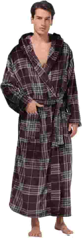 Roupão de banho masculino com capuz de pelúcia quente de inverno roupão longo de flanela macia com bolsos, comprimento total