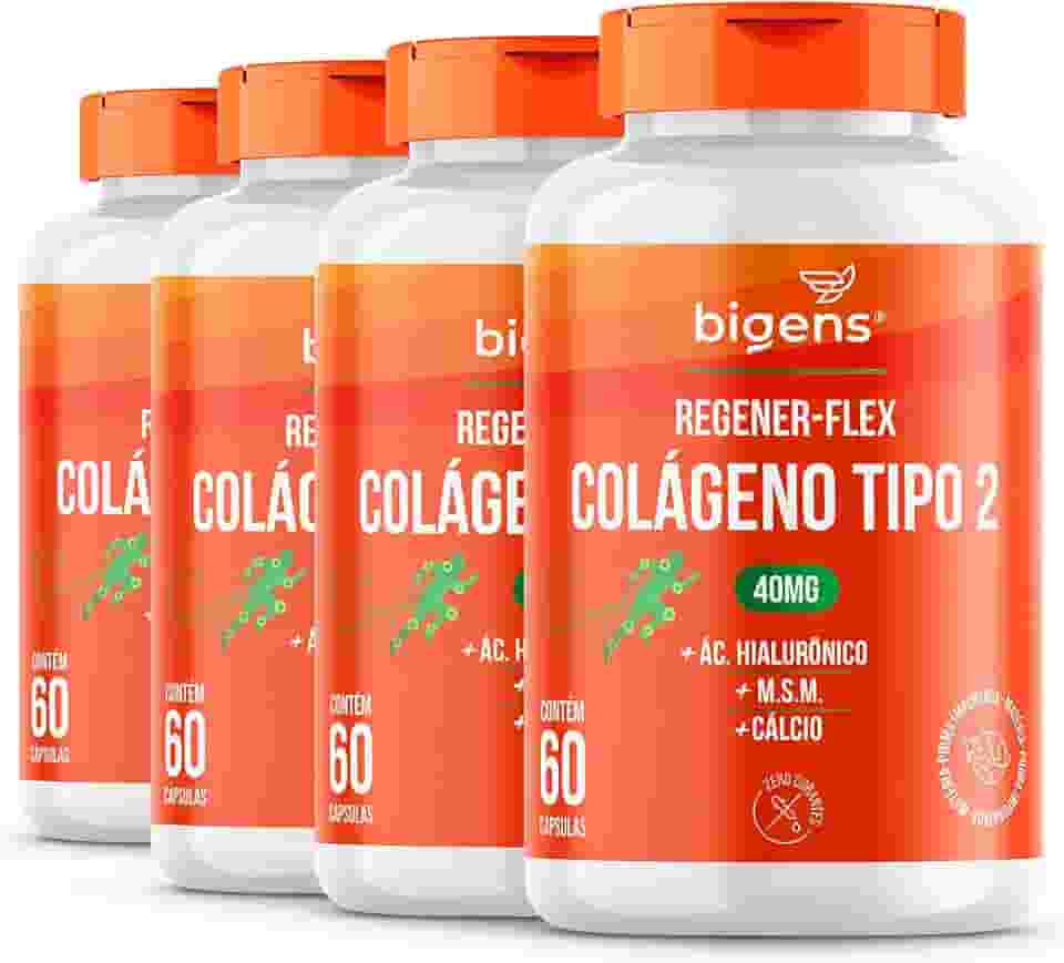 Regener Flex, Colágeno tipo 2 40mg, ácido hialurônico, M.S.M., Cálcio, Biogens, Kit 4x 60 cápsulas