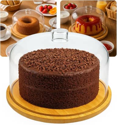 Boleira Porta-Bolo de Bambu Com Tampa de Acrílico Cúpula | Perfeito Para Armazenar Seus Bolos e Tortas | 30cm Diâmetro