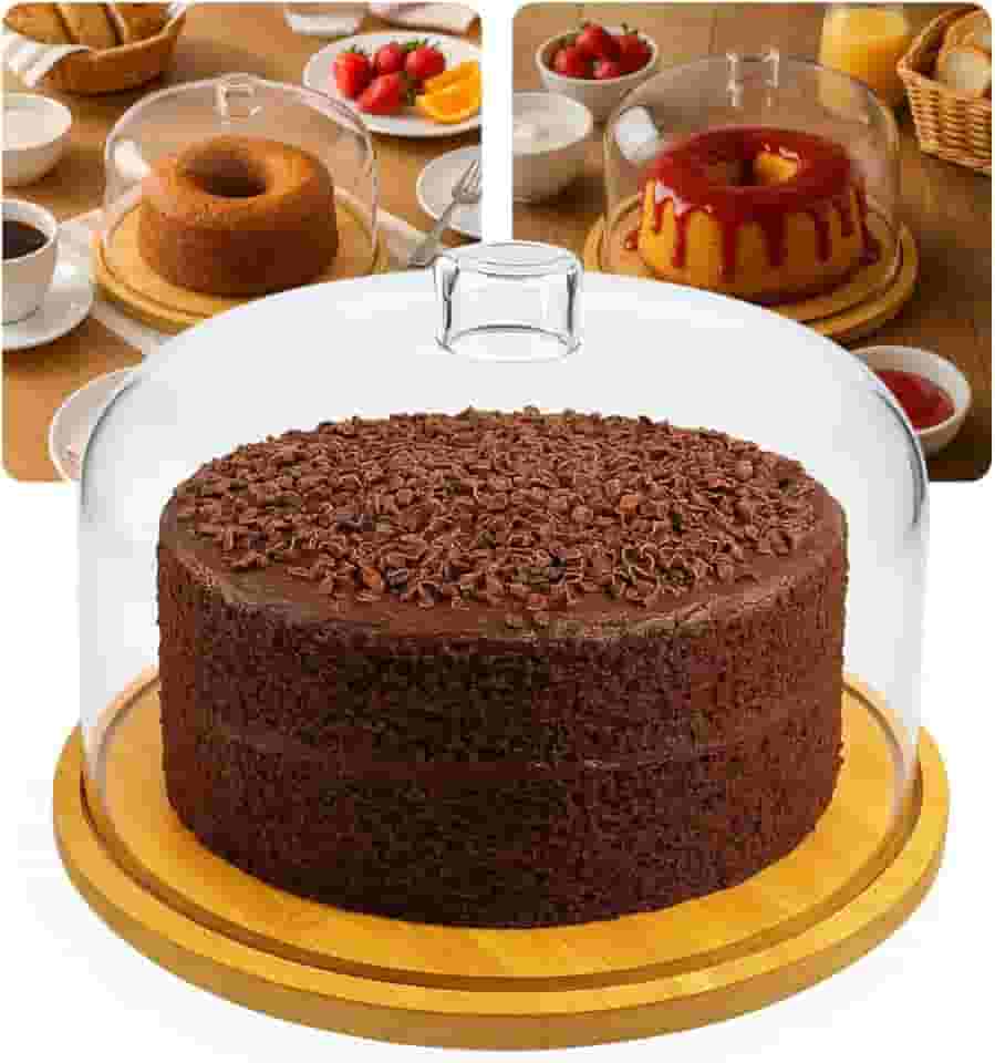 Boleira Porta-Bolo de Bambu Com Tampa de Acrílico Cúpula | Perfeito Para Armazenar Seus Bolos e Tortas | 30cm Diâmetro