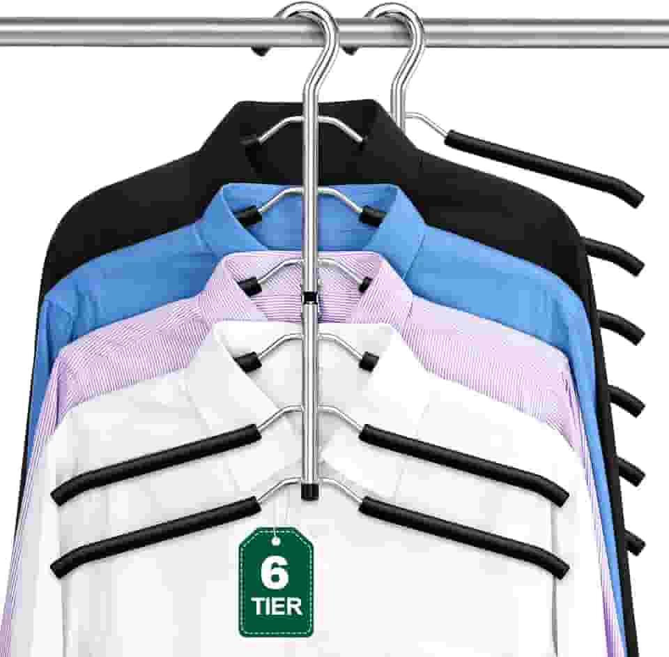 DOIOWN Cabides para casaco de 6 camadas que economizam espaço – acolchoados de espuma antiderrapante, cabides para suéter e camiseta de metal preto para homens e mulheres, pacote com 2 organizadores