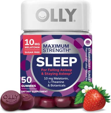 OLLY Max Strength Sleep Gummy, 10mg Melatonin, L-Theanine, Chamomile, Lemon Balm, Sugar Free, Vegetarian Sleep Aid, Strawberry - 50 Count