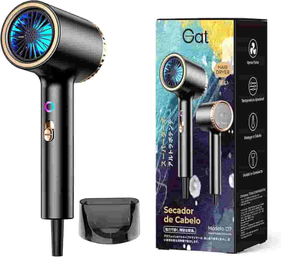 Gat Secador de Cabelo Profissional, 2000W, 3 Temperaturas Quente e Frio, Compacto e Portátil, Ideal Para Viagem e Uso Familiar, Anti-Frizz, Secagem Rápida, Design Moderno (Preto, 127V)