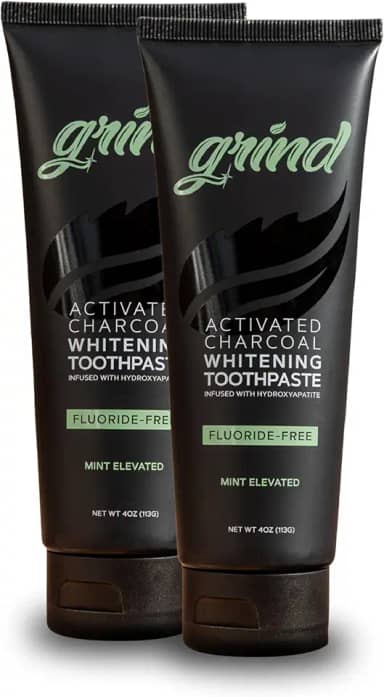 Grind Pasta de dente de hidroxiapatita sem flúor, teobromina, carvão ativado, clareamento, recomendado por dentistas, natural, feito nos EUA, 113 g, pacote com 2
