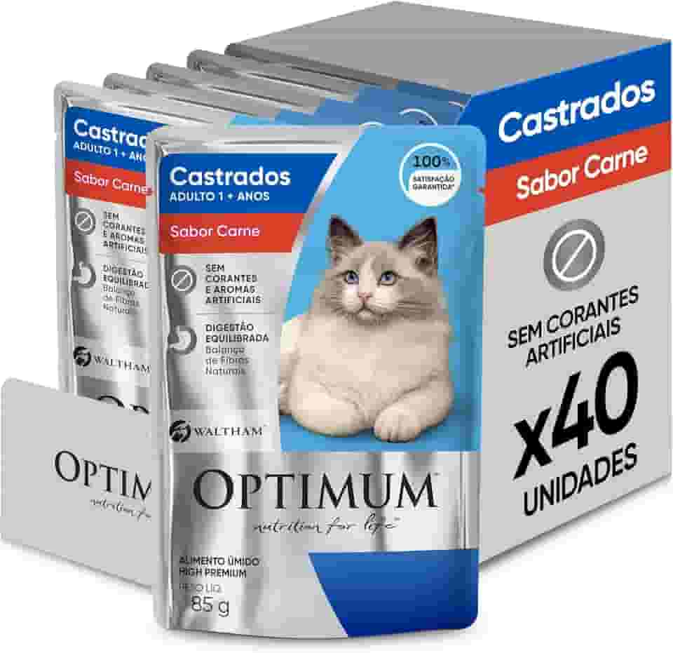 Pack Ração Úmida Optimum Sachê para Gatos Adultos Castrados Sabor Carne 85g - 40 unidadaes