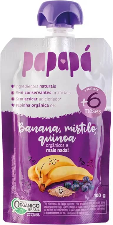 Papapá, Papinha infantil, Orgânico, Sabor Banana, Mirtilo & Quinoa, 100g, Roxo