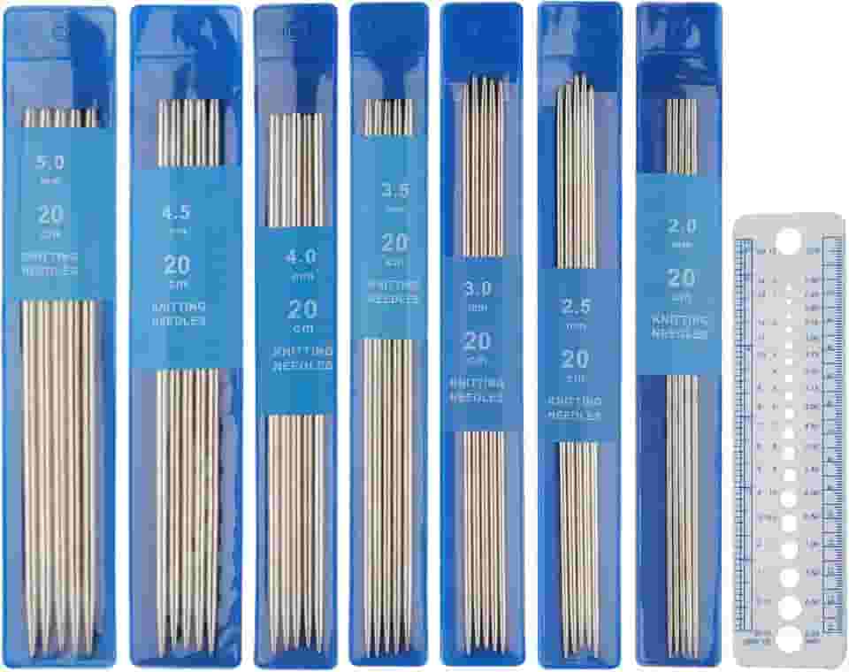 Coopay Kit de agulhas de tricô curtas com pontas duplas de 20 cm, agulhas de aço inoxidável com extremidade dupla de 2,0 mm a 5,0 mm, conjunto de pinos de tricô DPNS para iniciantes e crianças, pacote com 35 agulhas e medidor de tricô