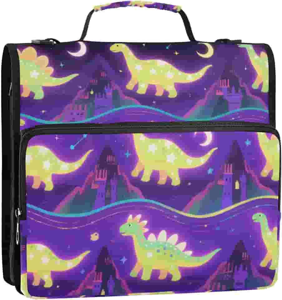 Fichário de desenho animado verde brilhante dinossauro 3,8 cm com zíper de 3,8 cm com alça e alça de ombro removível, organizador de fichários escolares para estudantes do ensino médio gestor de