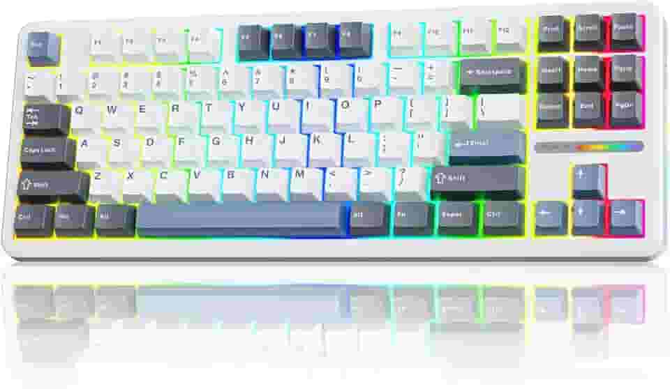 AULA Teclado sem fio, teclado mecânico F87, personalizado, 2,4 GHz/Tipo-C/Bluetooth Gaming, estrutura da junta interruptores lineares de madeira cinza RGB retroiluminados para WINS/PC/Mac