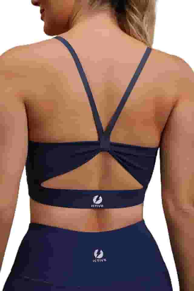 Sutiã esportivo feminino de alto impacto com busto push-up vazado nas costas para treino e corrida, Azul-escuro, M