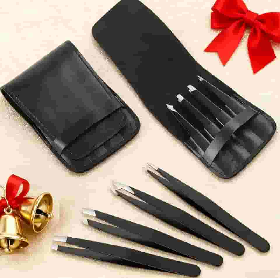 Conjunto de pinças profissionais de 4 peças, pinças de aço inoxidável para sobrancelhas, pelos faciais, lascas e remoção de pelos encravados, ponta de precisão com bolsa de viagem