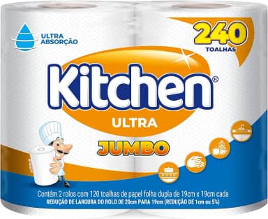 Papel Toalha Kitchen Jumbo Folha Dupla - Pack com 2 rolos de 120 unidades de 19x22 cm cada, Branco