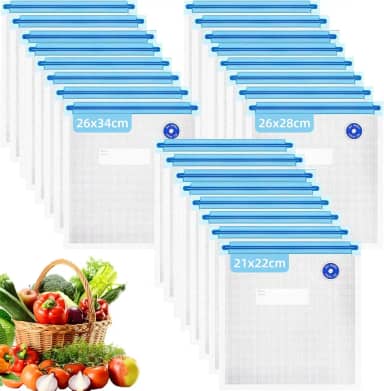 Seladora Vácuo Portátil Automática Bivolt, Kit com 30 Sacos Reutilizáveis para Carnes, Frutas e Legumes, Embaladora a Vácuo Doméstica para Conservar Alimentos Frescos (30 sacos)
