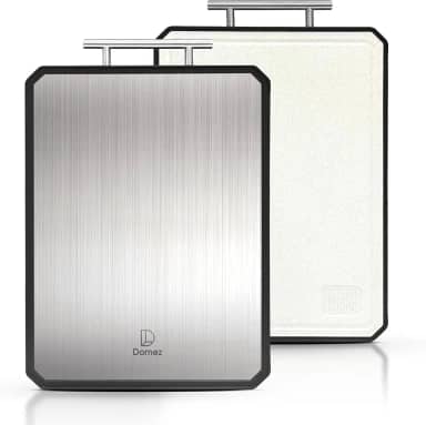 DOMEZ Tábua de Corte Inox Premium 2 em 1 para Cozinha, Durabilidade Superior e Sofisticação em Cada Detalhe. Dupla Face Ideal para Carnes, Frutas e Vegetais. Design Minimalista para Tábua de Frios.