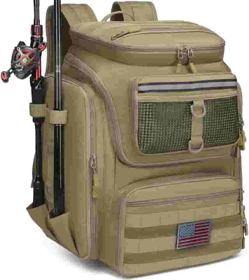 HAMBOLY Mochila de pesca com suportes de vara, mochila de 40 L para equipamentos e equipamentos de pesca, bolsa de pesca à prova d'água para homens