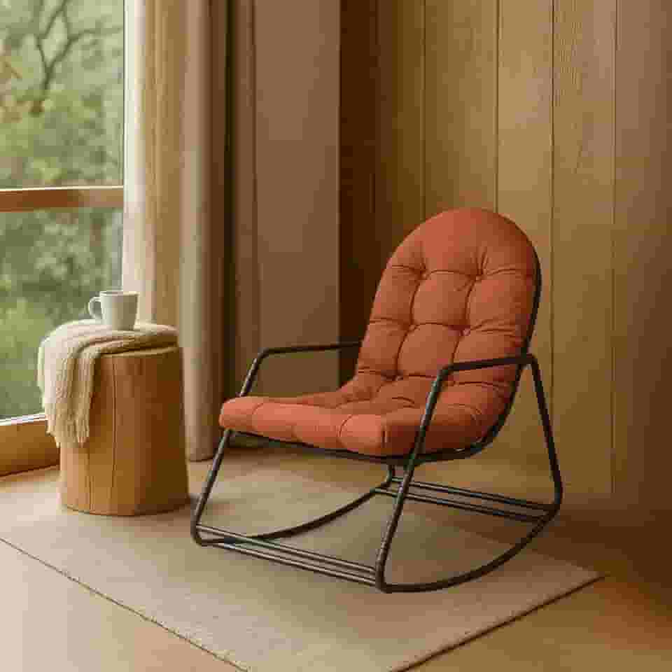 Cadeira Sossego Poltrona de Balanço e Descanso para Área Externa Coberta Estrutura de Metal Preta Almofada Acolchoada