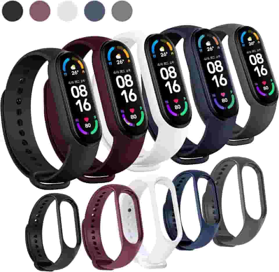Kit 5 Pulseiras Para Smartband MI Band 7 Cores Preta Azul Cinza Vinho Marsala e Branco com Pino Resistente Feita em Silicone