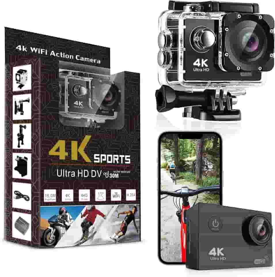 Câmera de ação Pro Xtreme 4K - Câmera de vídeo ultra HD à prova d'água com Wi-Fi, lente grande angular de 170°, estabilização de imagem, várias opções de montagem - Câmera subaquática perfeita para