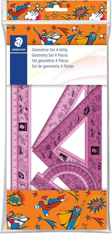 Conjunto Geométrico, Staedtler, Comic, 569PB4CO1S, Régua 30cm + Transferidor 180° + Esquadro Escaleno 60° e Isósceles 45°, Cores Sortidas