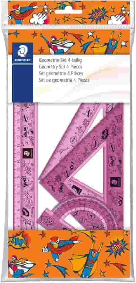 Conjunto Geométrico, Staedtler, Comic, 569PB4CO1S, Régua 30cm + Transferidor 180° + Esquadro Escaleno 60° e Isósceles 45°, Cores Sortidas