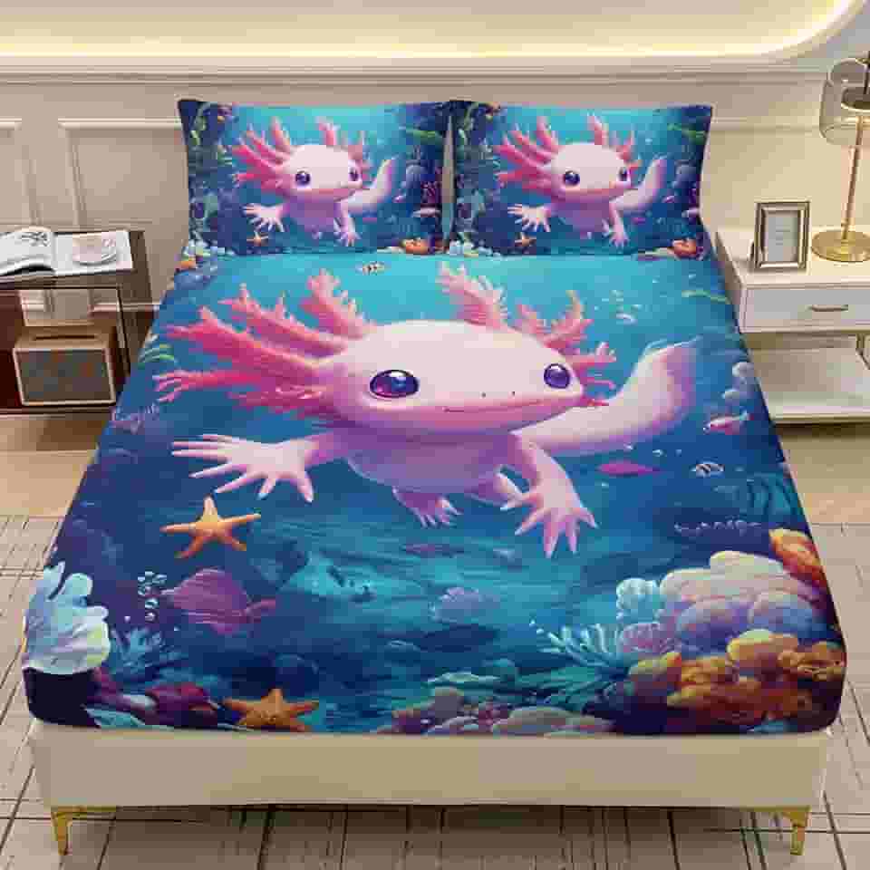 AILONEN Jogo de lençol solteiro com desenho animado axolotl, animal marinho subaquático fofo do mundo subaquático, para meninos e meninas, lençol com elástico colorido com tema de oceano com 2 fronhas