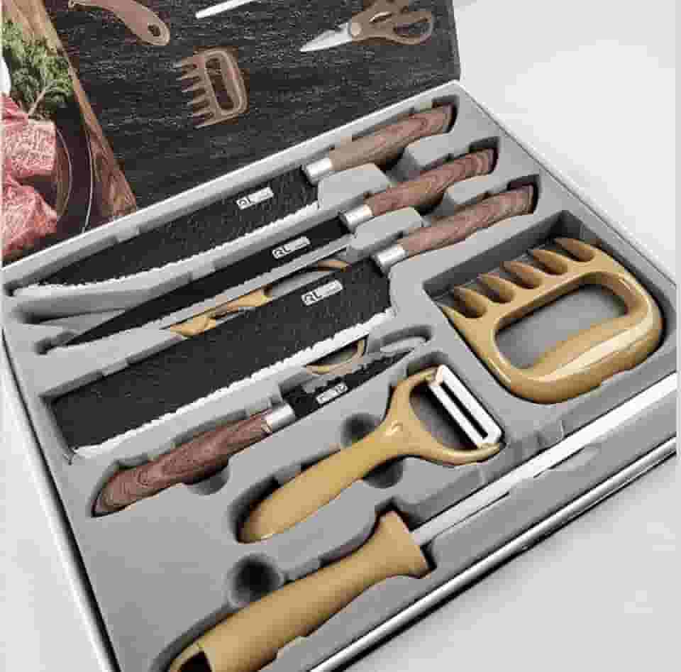 Kit Churrasco Premium 8 Peças – Conjunto Profissional de Facas Gourmet em Aço Inoxidável com Lâminas Antiaderentes e Corte Navalha – Amadeirado