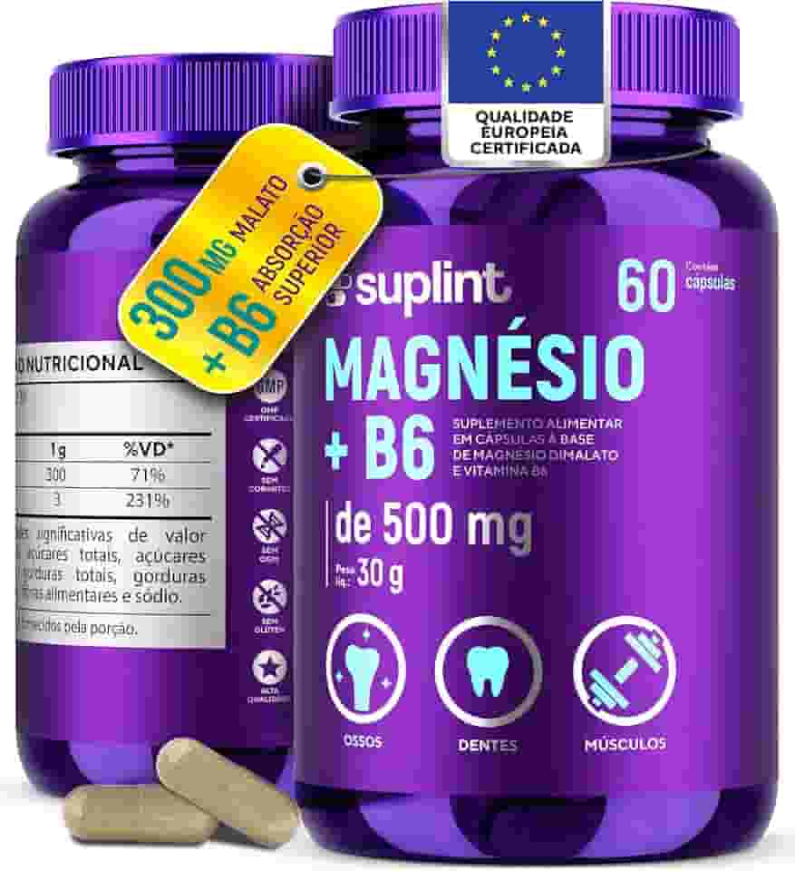 Dimalato de Magnésio 500 MG e Vitamina B6 | Suporte Muscular, Nervoso e Metabólico | Suplemento Vitaminico de Alívio de Estresse | Sem Glúten, Não Transgênico | Desenvolvido na Holanda | 60 Cápsulas