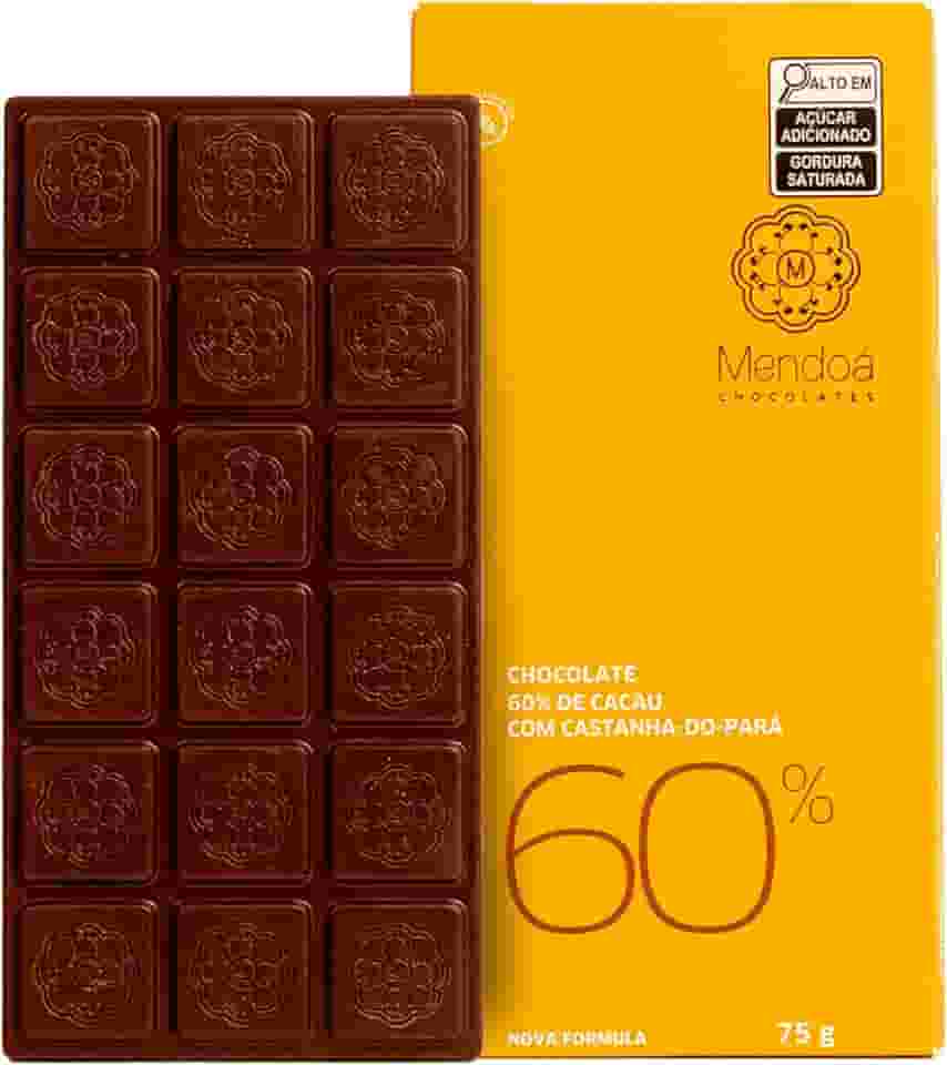 Mendoá, Barra de chocolate premium 60% de cacau com castanha do Pará, 75 gramas